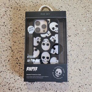 Pink Sky iPhone 15 Pro Max Limited Edition REAPER SKULL Beaded Phone Case